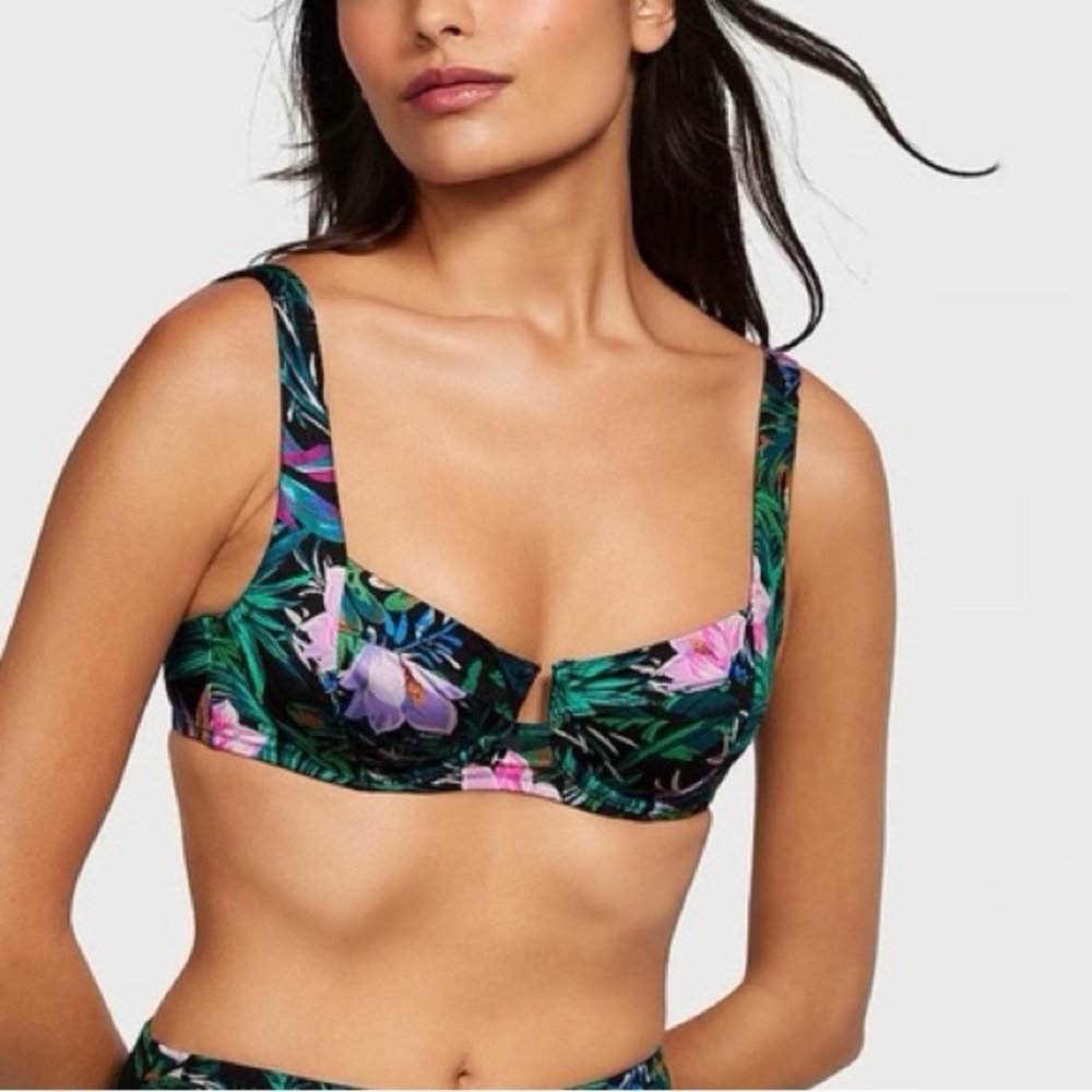 Floral Underwire High-Waist Bikini Set - Black & Green